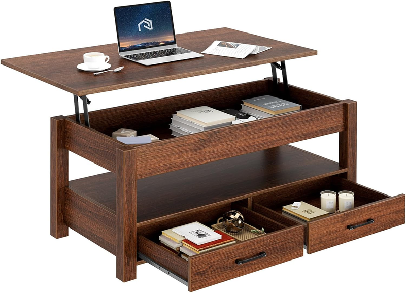 Lift Top Coffee Table w/ Drawers Hidden Compartment Retro Wooden Espresso8