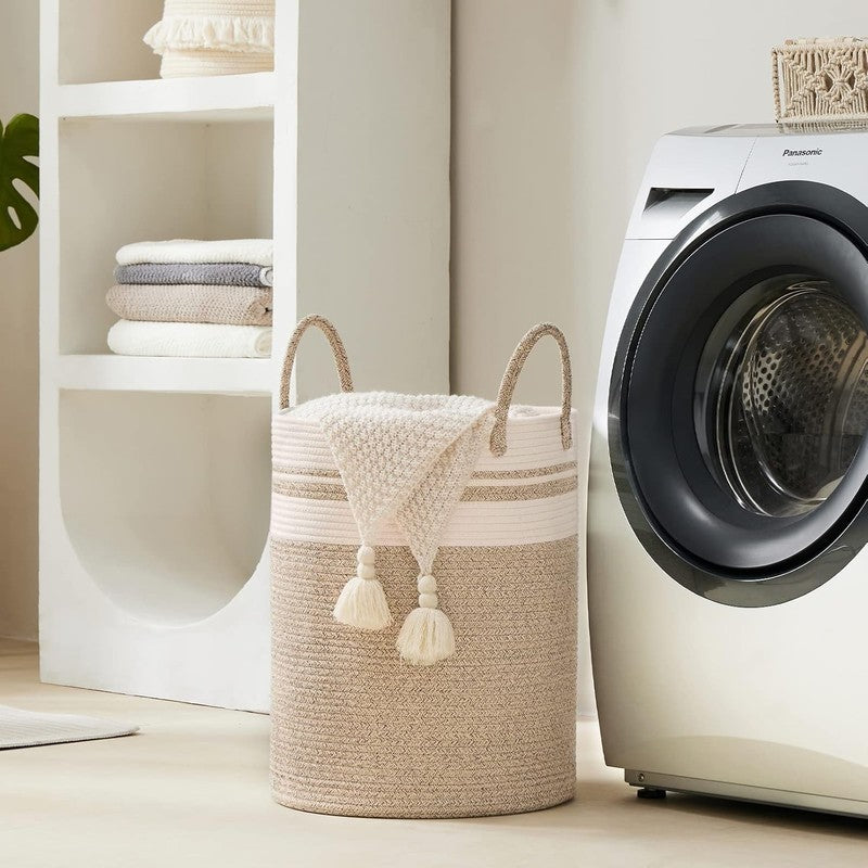 58L Woven Rope Laundry Hamper Basket, Tall Clothes Bin for Bedroom Brown4