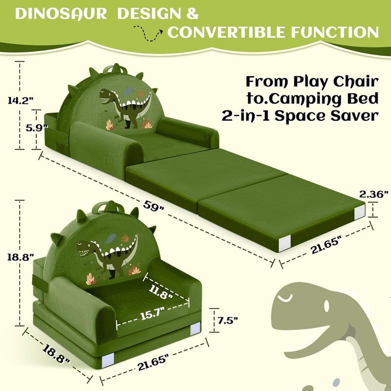 Dinosaur Kids Foldable Sofa Bed w/ Washable Cover, Crystal Velvet Toddler Chair2