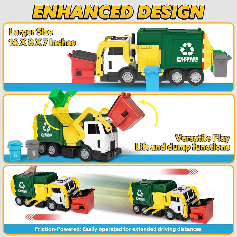 Large Friction Powered Garbage Truck Toy Set, Includes Dumpster, Trash Bins, and2