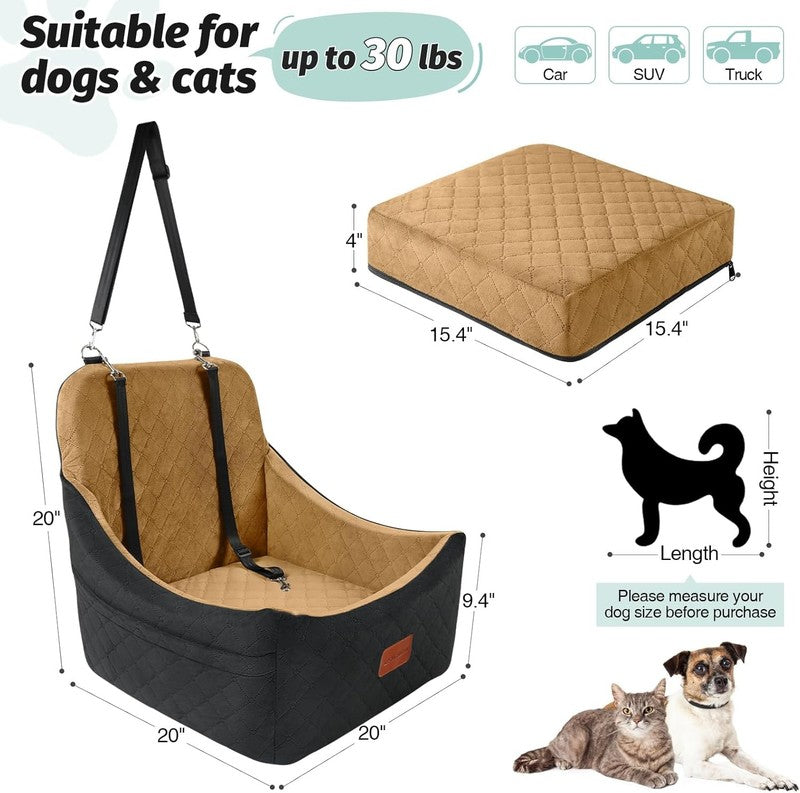 Dog Booster Car Seat up to 35lbs Washable Anti Slip w/ Leashes Black/Coffee2