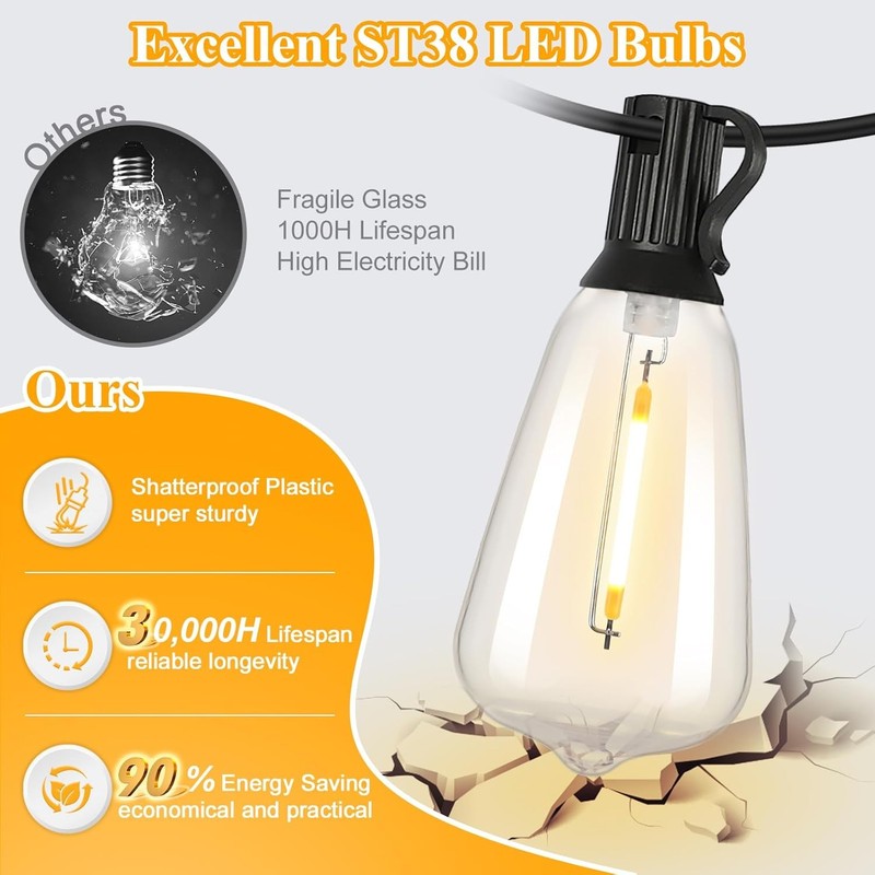 LED Outdoor String Lights 100FT Patio Lights with 52 Shatterproof ST38 Vintage E1