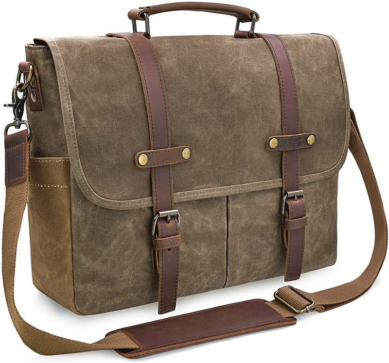 Mens Messenger Bag 15.6in Waterproof Leather Laptop Briefcase Satchel Khaki7