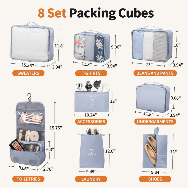3-Piece Luggage Set with 8 Packing Cubes, Hard Shell Suitcases with Spinner Whee2