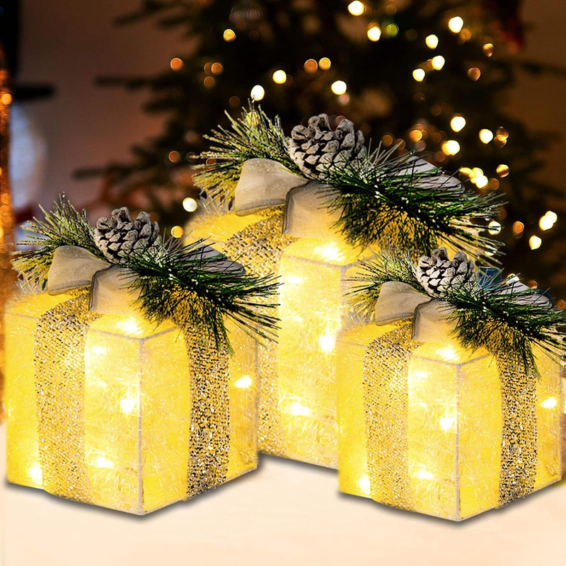 Set of 3 Christmas Lighted Gift Boxes, Plug in 60 LED Light up Tinsel Present Bo5