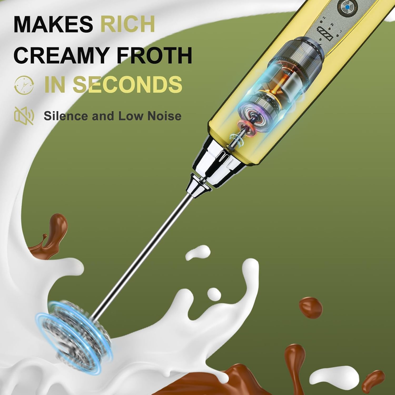 Milk Frother Handheld Champagne Gold Rechargeable 3 Speed 3 Heads Whisk5