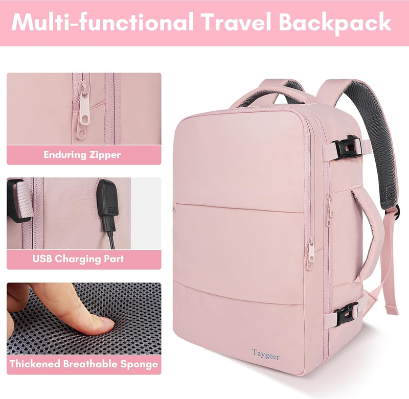 Travel Backpack for Women Carry On w/ USB Port Shoe Pouch TSA Pink7
