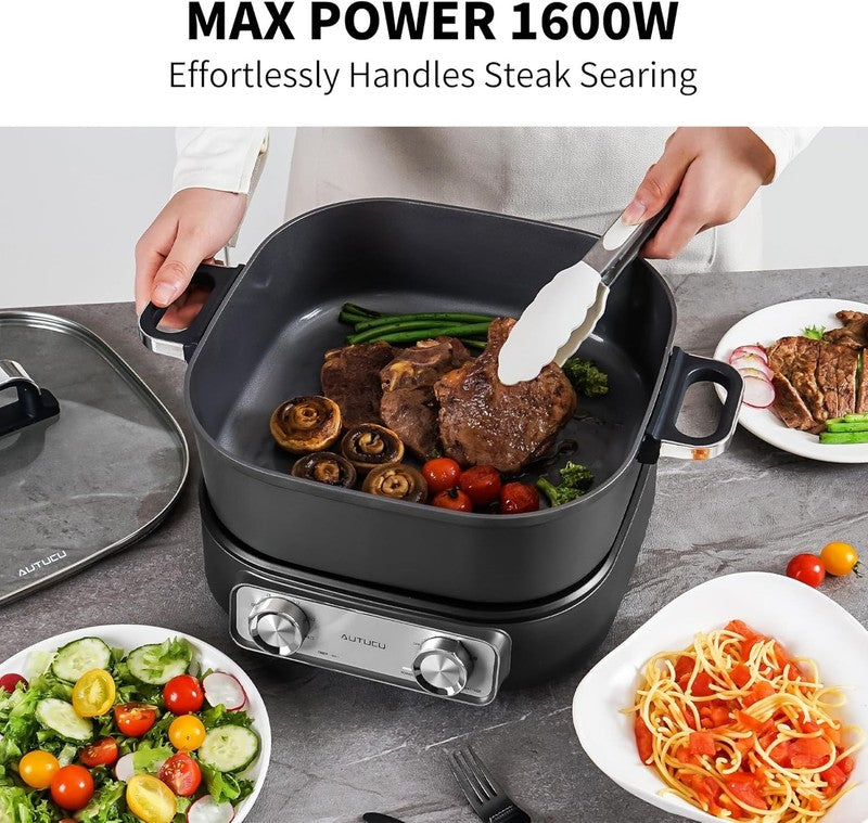 6Qt Electric Skillet Nonstick Ceramic 1600W Timer 3 Settings Hot Pot3