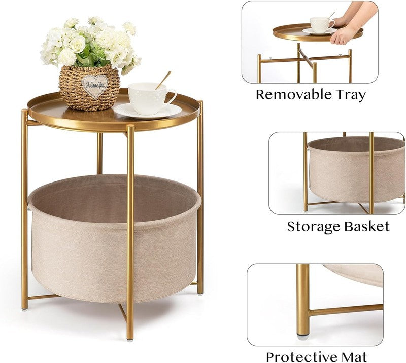 Round Side Table Nightstand with Fabric Basket & Removable Tray Gold3