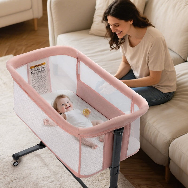 Baby Bassinet with Wheels Pink Height Adjustable Bedside Sleeper for Newborns3