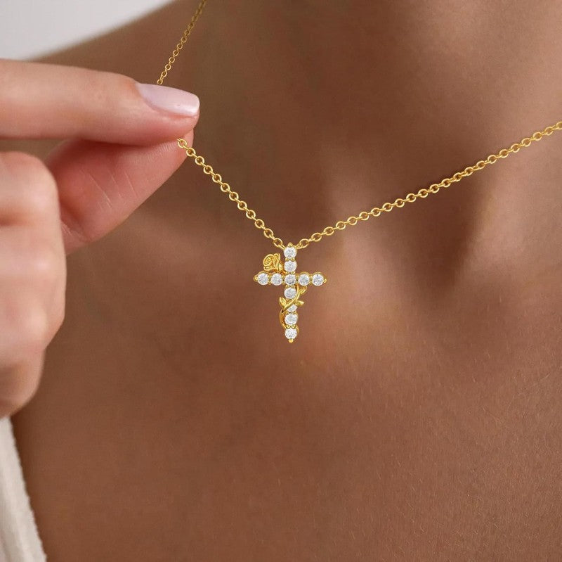 14K Gold Plated Cross Necklace Women Dainty Rose Flower Pendant3