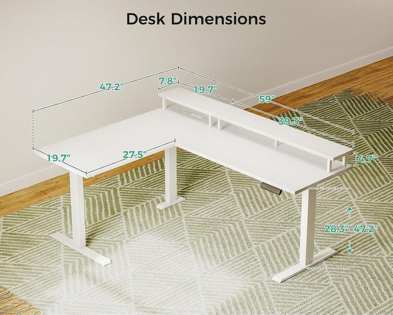 Electric L Shaped Standing Desk, 59 Inch Height Adjustable Office Desk White2