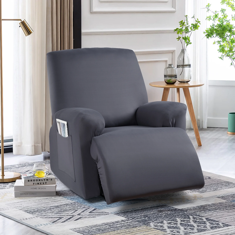 3-Piece Dark Gray Recliner Slipcover Stretch Chair Cover with Pockets6
