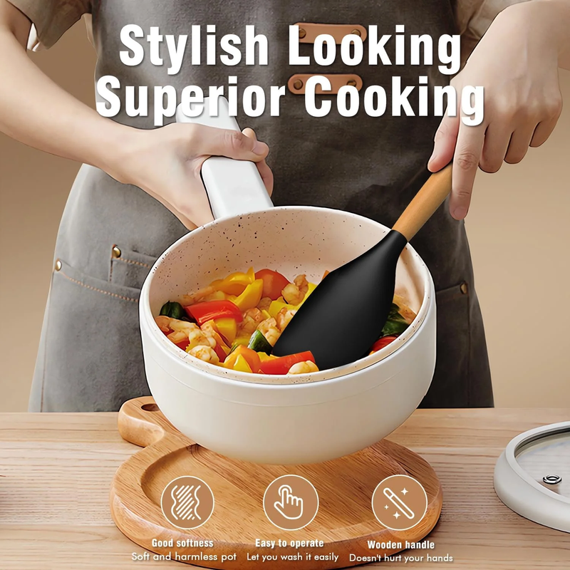 Silicone Kitchen Utensil Set Wooden Handle Holder Heat Resistant Black4