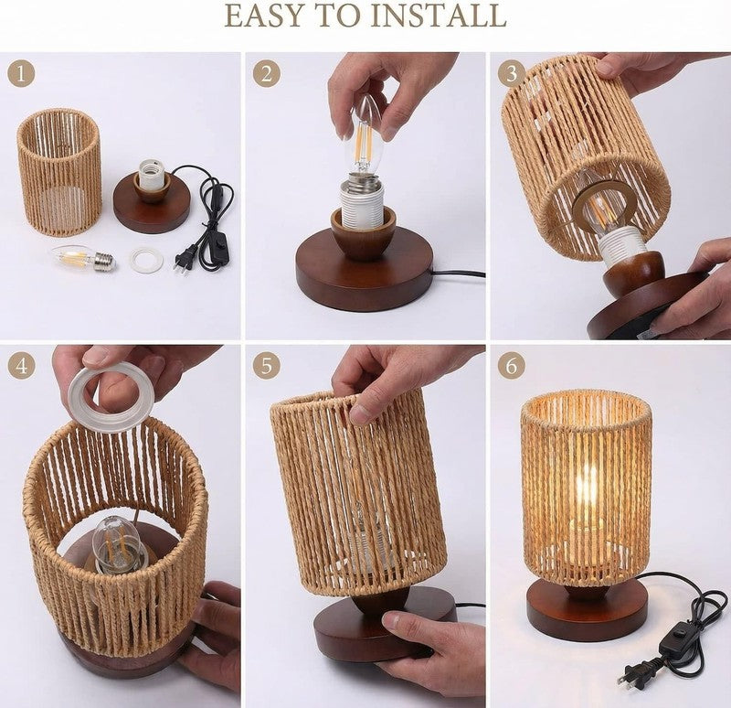Small Rattan Table Lamp Boho Bedside Night Light Wood Base LED 8.6in3