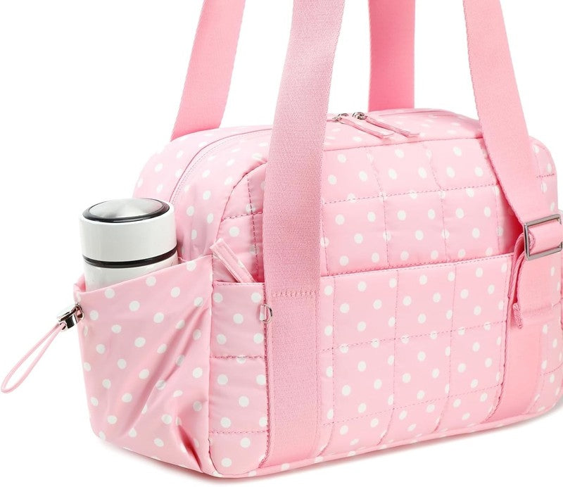Mini Gym Bag Women Quilted Duffel Wet Compartment Yoga Dance Polka Pink 12.6"8