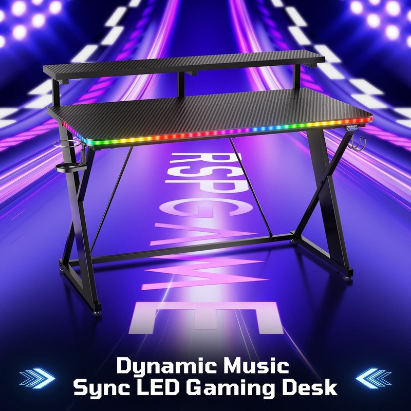 43" X-Shaped Gaming Desk with Music Sync LED, Monitor Stand Black Racing6