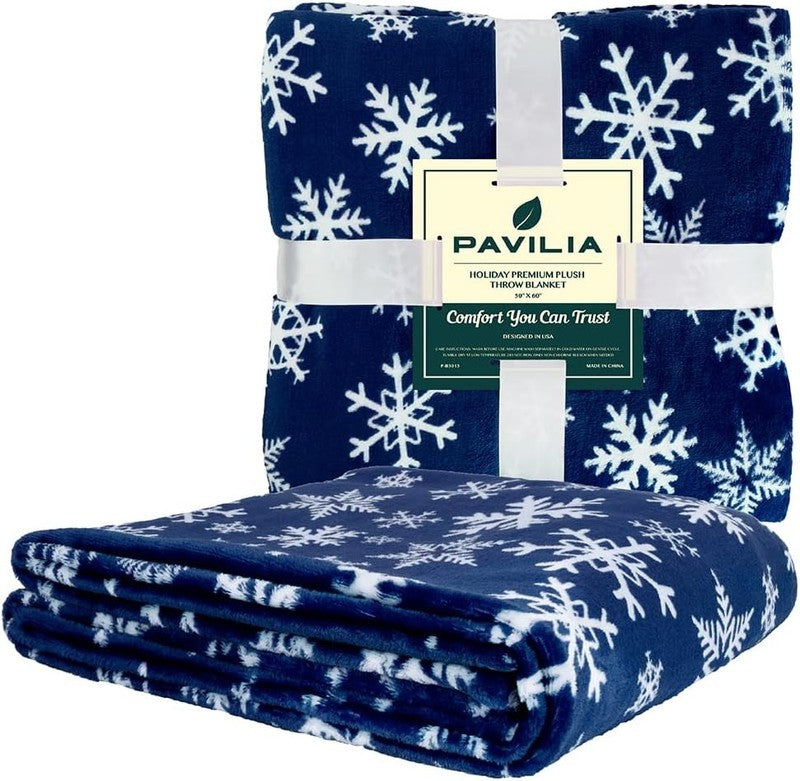 Christmas Throw Blanket Navy White Snowflake Fleece Soft Warm Plush 50"x60"2