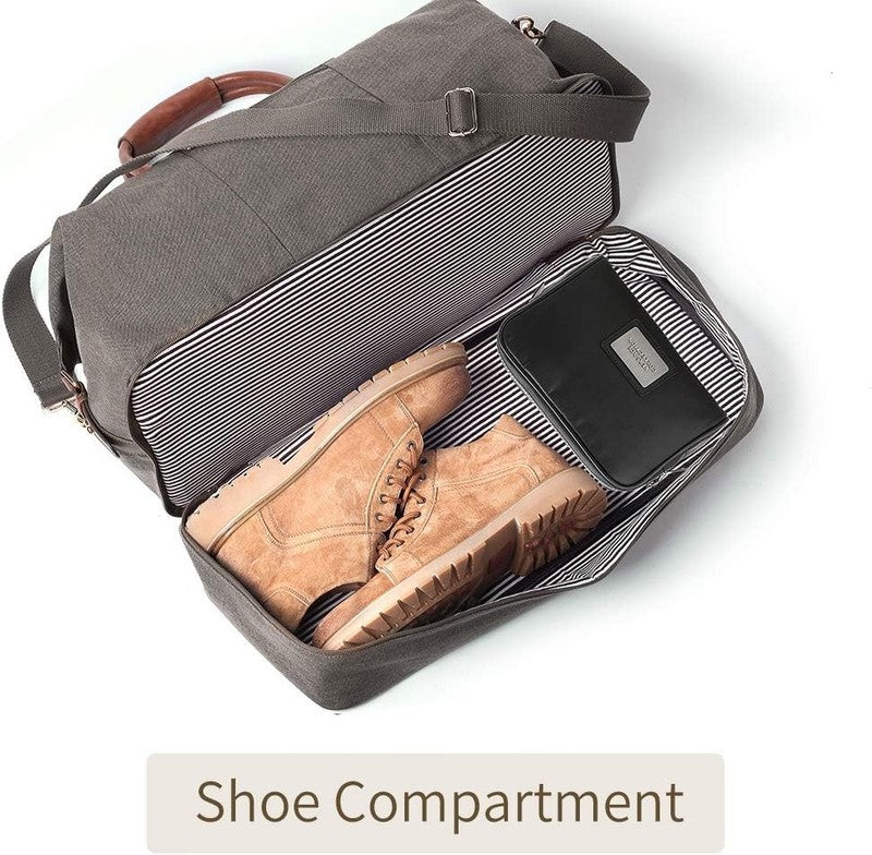Canvas Weekender Duffle Bag Grey Carry On Travel Tote w/ Shoe Pouch3