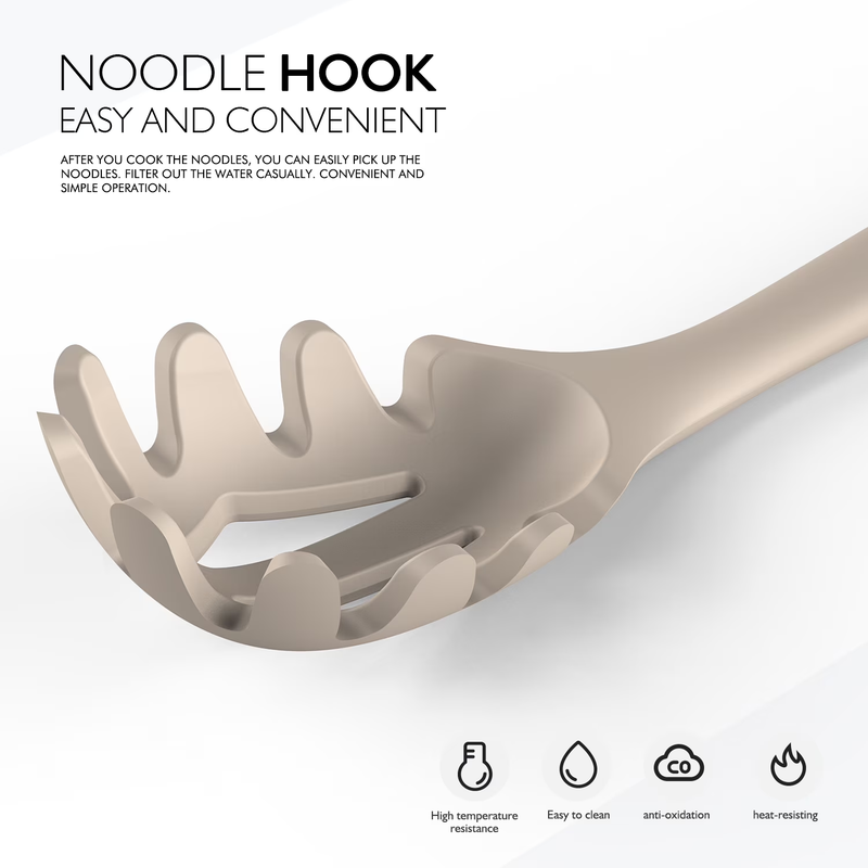 Large Silicone Kitchen Utensil Set Wooden Handle Heat Resistant Khaki2