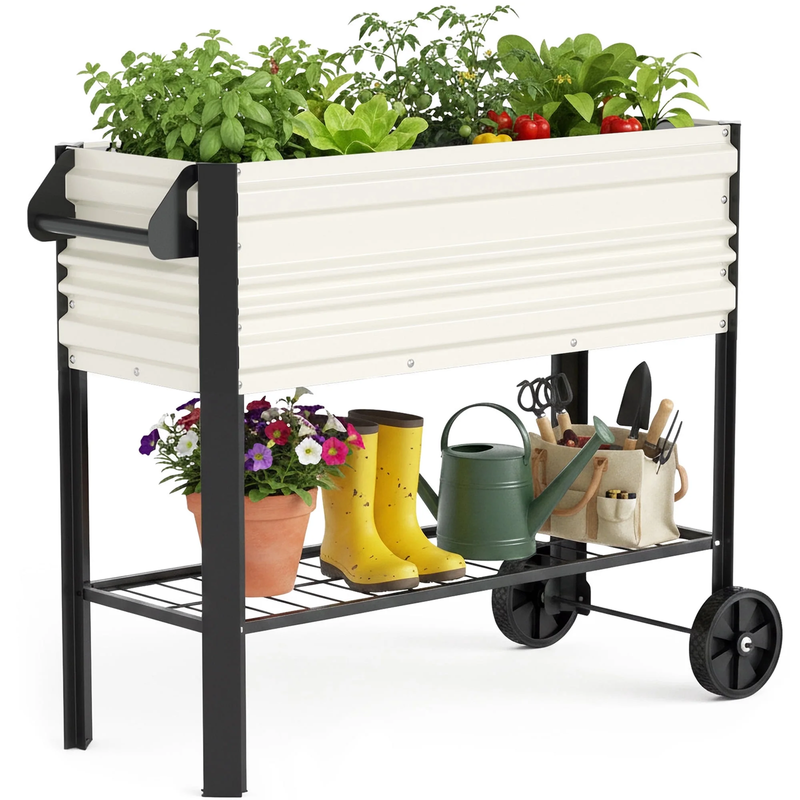 37In Outdoor Galvanized Raised Garden Bed with Legs and Wheels -White0