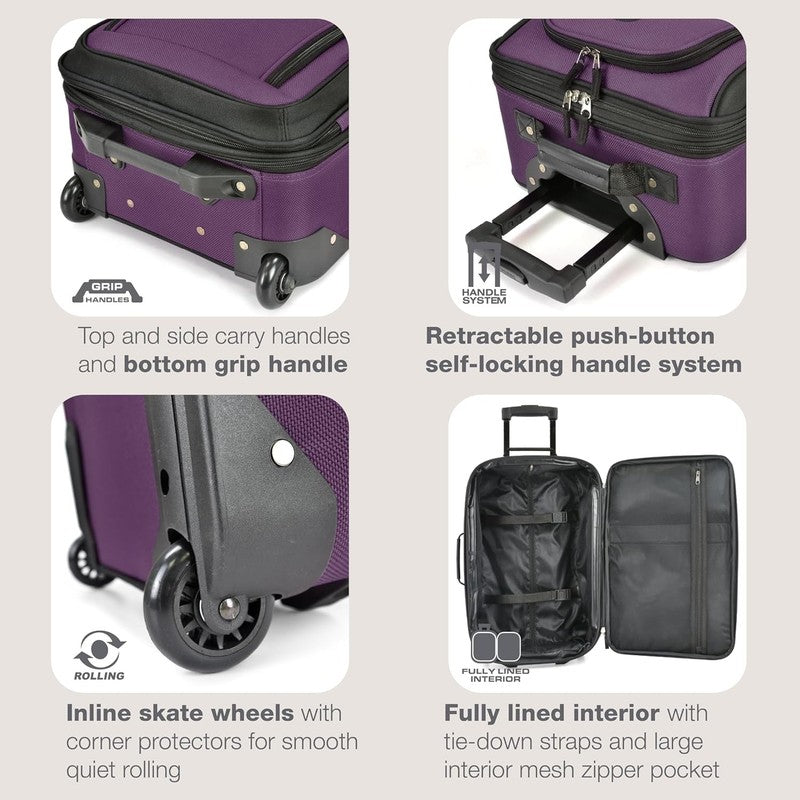 Rio Fabric Expandable Carry On Luggage, Rolling Suitcase, Purple, 2 Wheel Set3