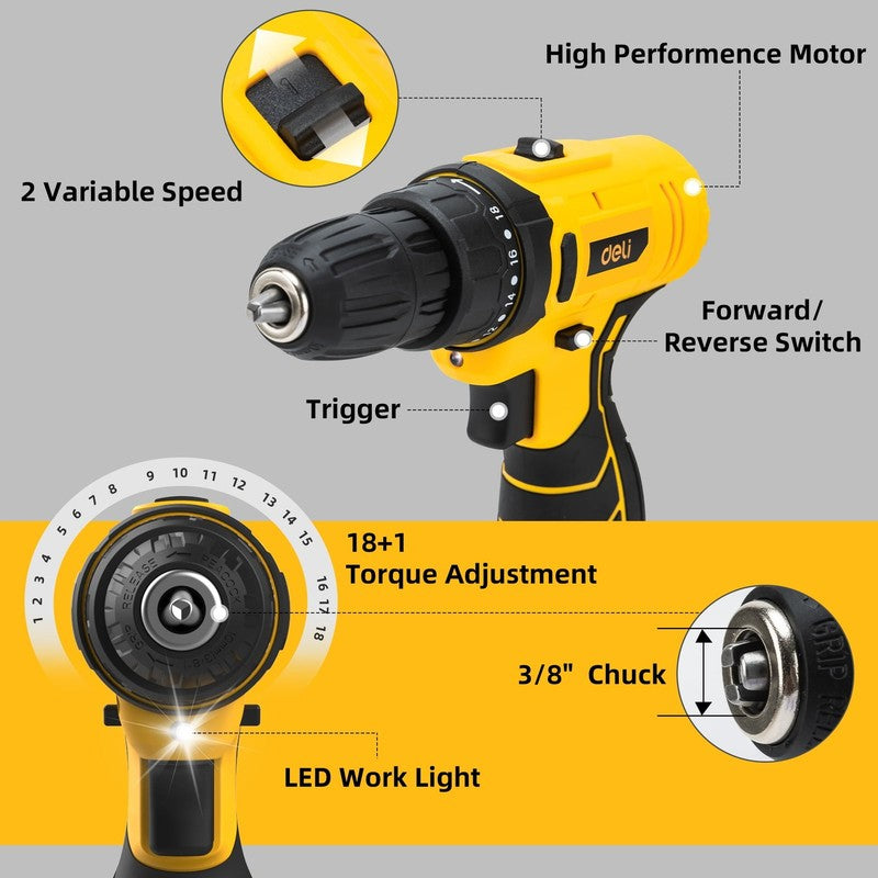 12V Max Cordless Impact Drill Driver Set 2.0Ah Battery Charger 3/8in Keyless1
