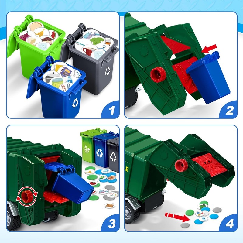 15 Inch Garbage Truck Toy with Sound Lights Trash Bins Learning Cards for Kids A2