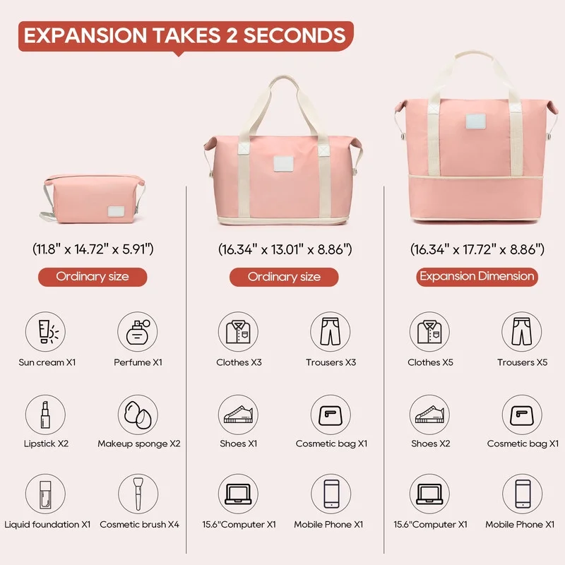 2Pc Travel Duffel Bag Set Waterproof Carry On Weekender w/ Toiletry Bag1