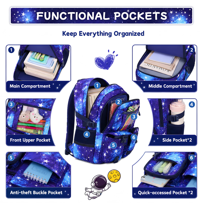 Girls 3PCS Backpack Set School Bookbag Blue Galaxy3