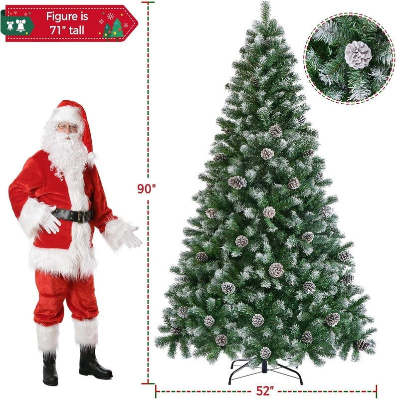 7.5Ft Artificial Christmas Tree, Snow Flocked Christmas Tree W/82 Pinecones, 1343