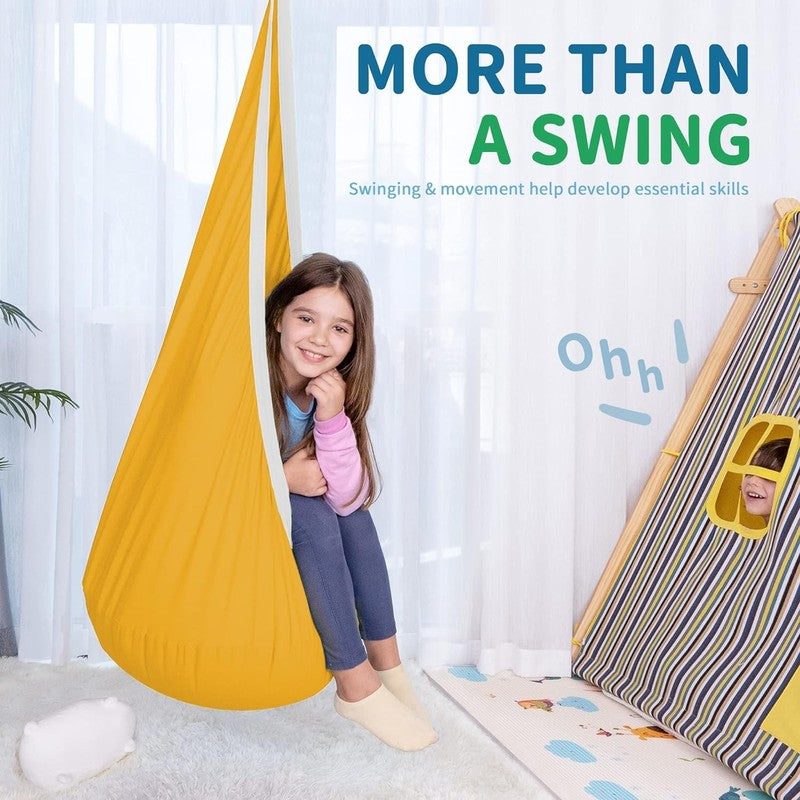 Kids Pod Swing Seat Cotton Hammock Sensory Chair Indoor Outdoor Yellow White4