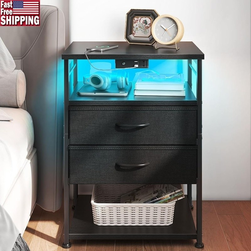 Night Stand W/ Charging Station Tall Nightstand Bedroom 4 Tier Storage End Table9