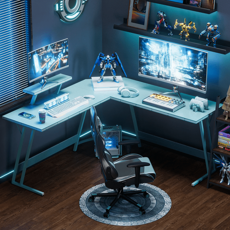 51" L-Shaped Gaming Desk Corner Office with Removable Monitor Riser Blue1