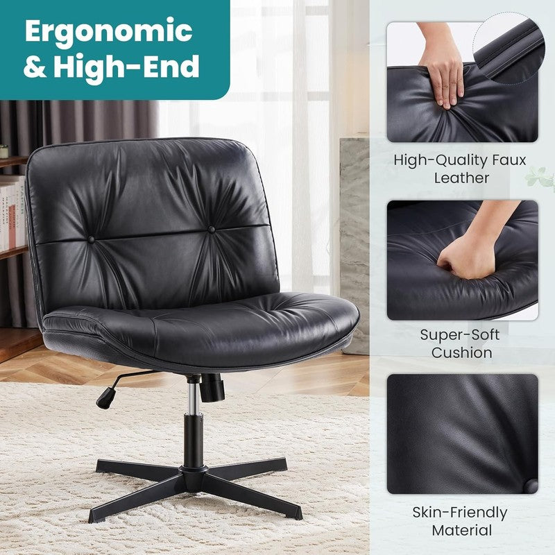 Armless Criss Cross Office Chair Wide PU Leather Swivel Black No Wheels3