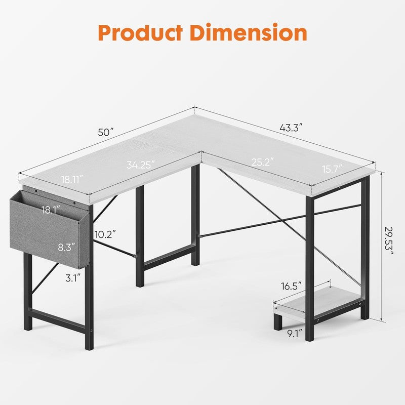 49" Modern L Shaped Computer Desk w/ Storage Shelf & Side Bag White1
