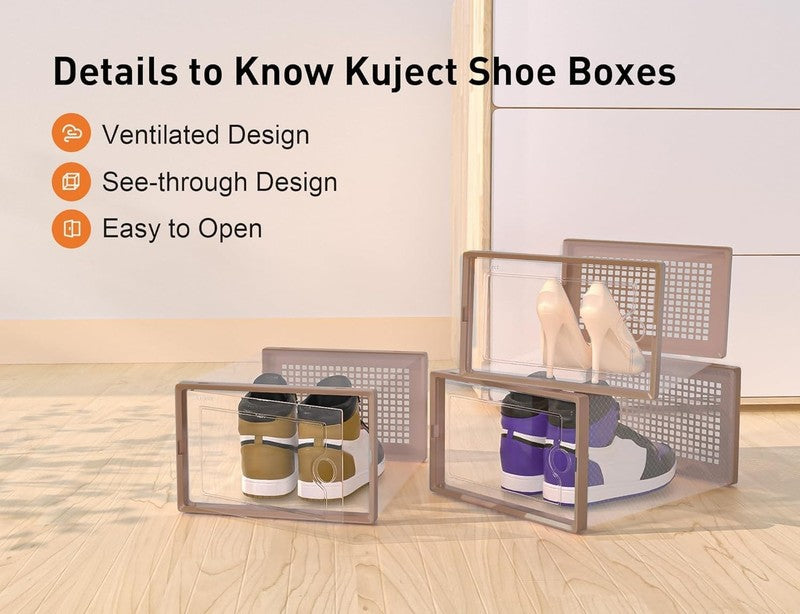12 Pack X Large Clear Shoe Storage Boxes, Stackable Organizer Bins, Brown3