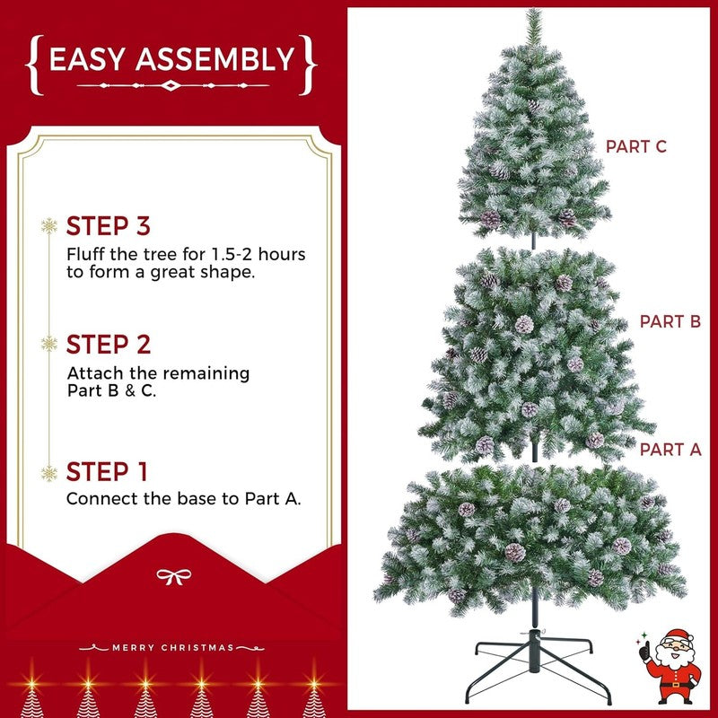 7.5Ft Artificial Christmas Tree, Snow Flocked Christmas Tree W/82 Pinecones, 1346