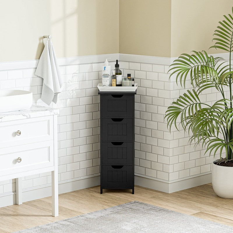 Bathroom Floor Cabinet Wood Free Standing Storage Organizer with 4 Drawers Black6