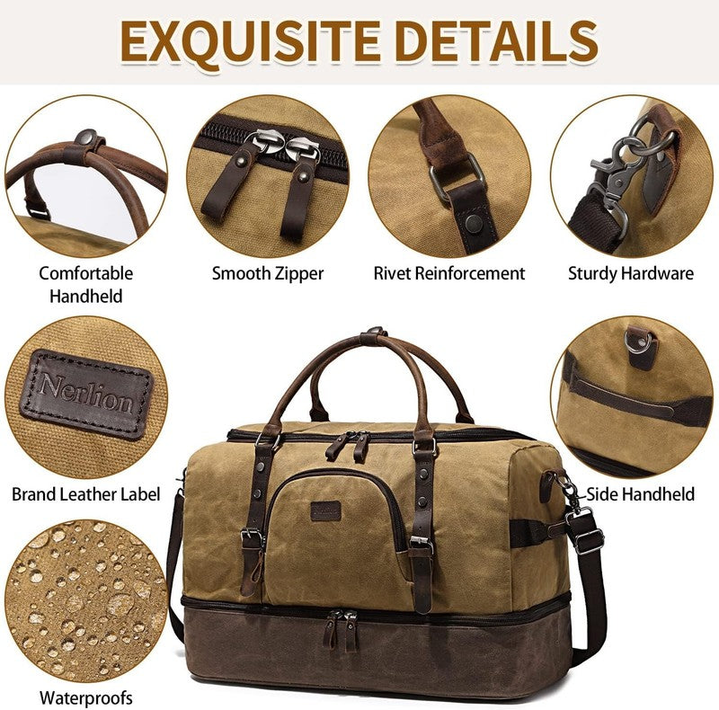 Nerlion Weekender Duffle Bag Brown Canvas Leather Carry On w/ Shoe Compartment5