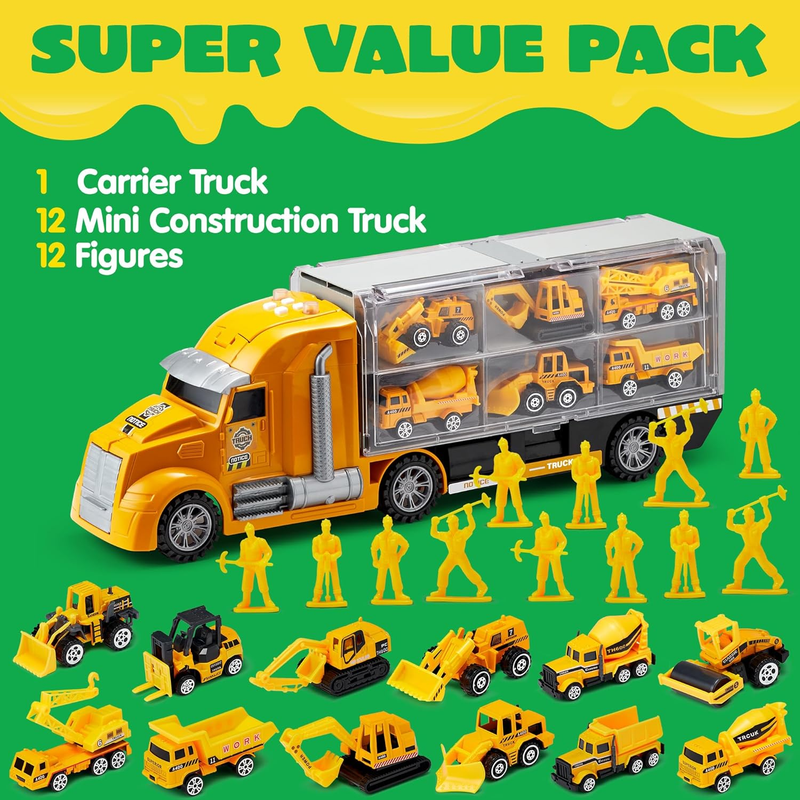 25 in 1 Construction Truck Toy Set with 12 Vehicles 12 Worker Figures Sound Ligh1