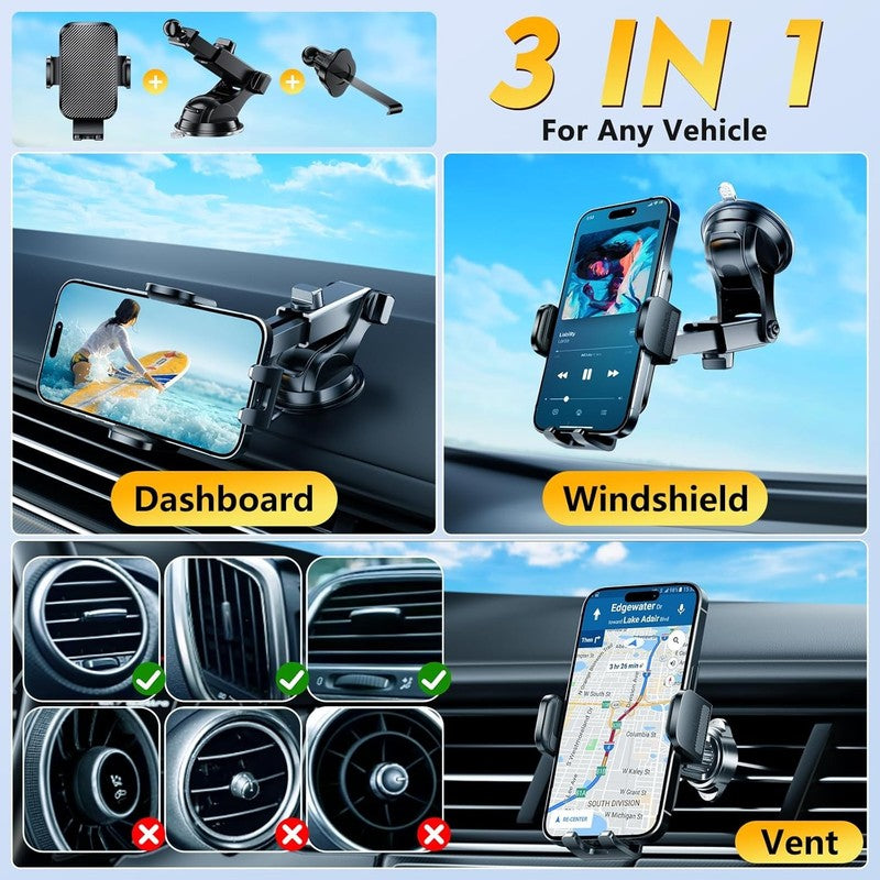 2025 Car Phone Holder Mount, Strong Suction & Clamp, 360° Dash Windshield Vent2