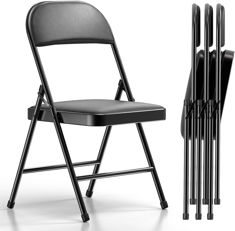 4 Pack Folding Chairs Padded Cushion Metal Frame Indoor Outdoor Black0