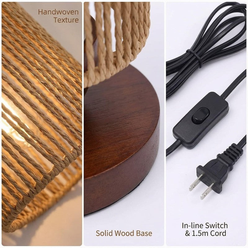 Small Rattan Table Lamp Boho Bedside Night Light Wood Base LED 8.6in5