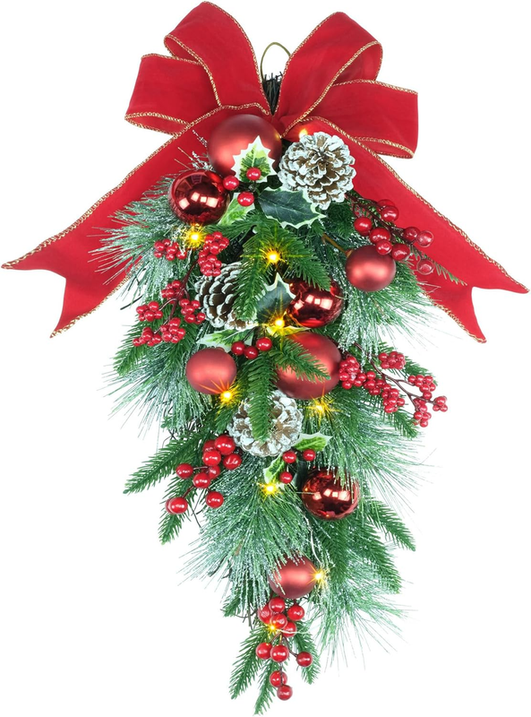 24" Pre-Lit Christmas Teardrop Swag Battery Operated Red Bow Pinecones Berries0