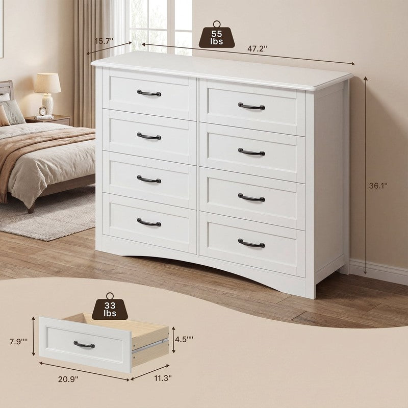 8-Drawer Dresser, White Chest of Drawers with Metal Handles, Multi-Functional St3