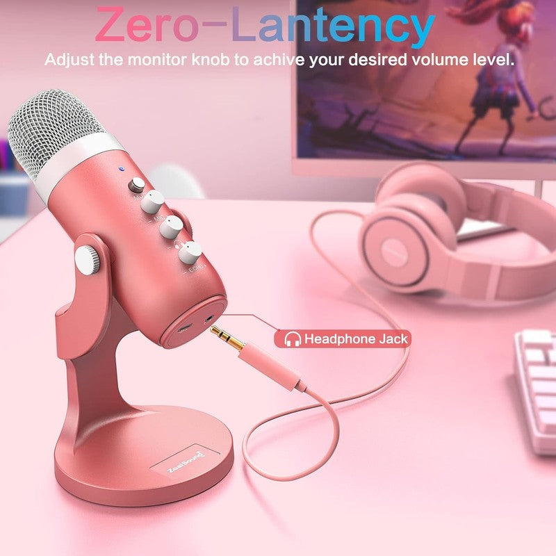 Pink USB Gaming Mic w/ Quick Mute, Echo, Monitor Volume PC Phone K663