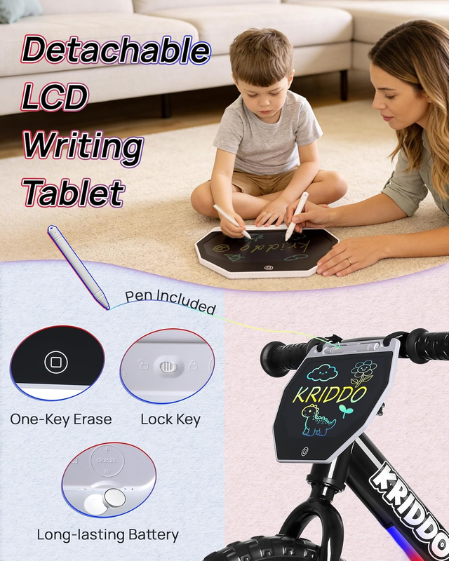Toddler Balance Bike 12 Inch LED Light Up LCD Writing Board Kids Bike Black1