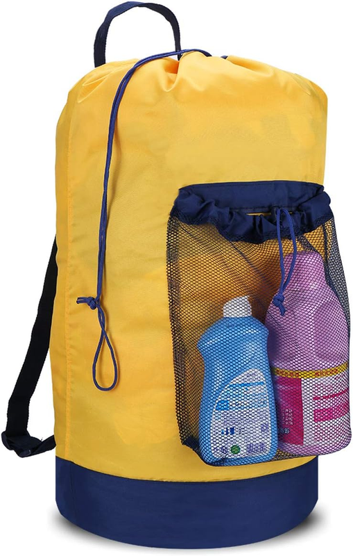 Backpack Laundry Bag with Straps & Pocket, Durable Nylon Clothes Yellow8