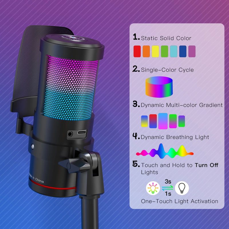 Gaming USB Microphone,Noise Cancellation Condenser Mic with RGB Light,Touch Mute4